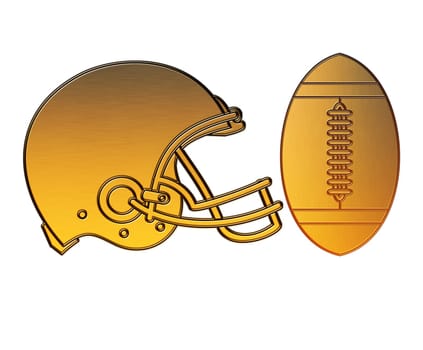illustration of a golden american football helmet viewed from side done in metallic gold style on isolated white background.