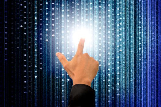 hand pushing a button on a touch screen interface with digital matrix background
