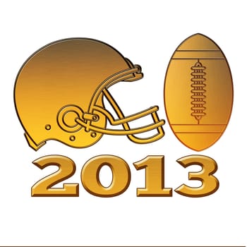 illustration of a golden american football helmet and ball viewed from side done in metallic gold style on isolated white background with words 2013