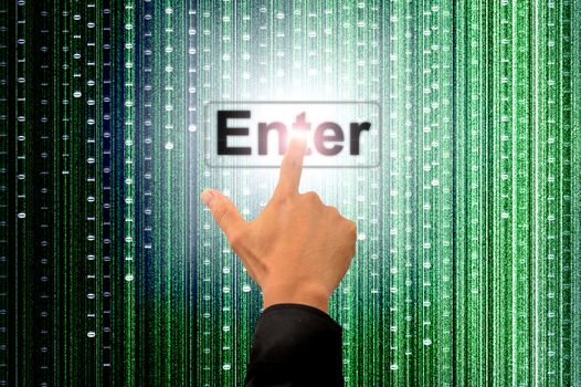 hand pushing a button on a touch screen interface with digital matrix background