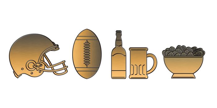 illustration of a golden american football helmet.ball,beer bottle,glass mug and potato chips bowl done in metallic gold style on isolated white background.