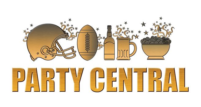 illustration of a golden american football helmet.ball,beer bottle,glass mug and potato chips bowl done in metallic gold style on isolated white background with words part central