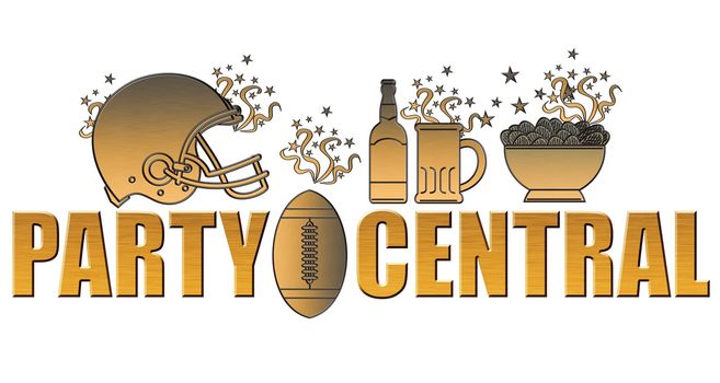 illustration of a golden american football helmet.ball,beer bottle,glass mug and potato chips bowl done in metallic gold style on isolated white background with words part central