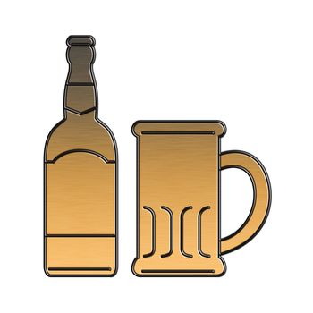 illustration of a golden beer bottle,glass mug done in metallic gold style on isolated white background with words party central