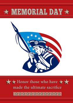 Poster greeting card Poster greeting card illustration of a patriot minuteman revolutionary soldier holding an American stars and stripes flag  and words veterans day honor those who protected us.