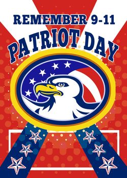Poster greeting card illustration of an american bald eagle head with stars and stripes flag set inside ellipse with words remember september 11,2011