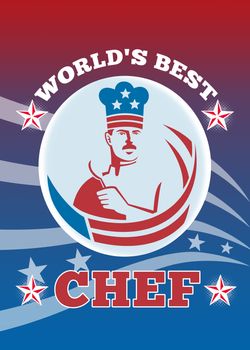 Greeting card poster illustration of an American chef baker cook holding spatula facing front with stars and stripes done in retro style with words world's best chef