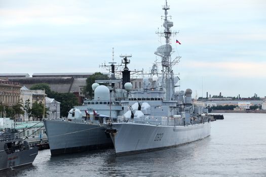 Russian Navy frigate at anchor in St. Petersburg,  a front view