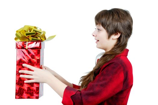 girl with red gift box on white background