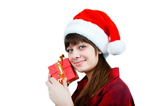 girl with a Christmas gift on a white background