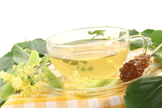 hot fresh lime blossom tea with flowers and leaves on a bright background