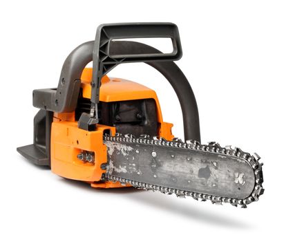 Rough big orange chain saw front view isolated on white