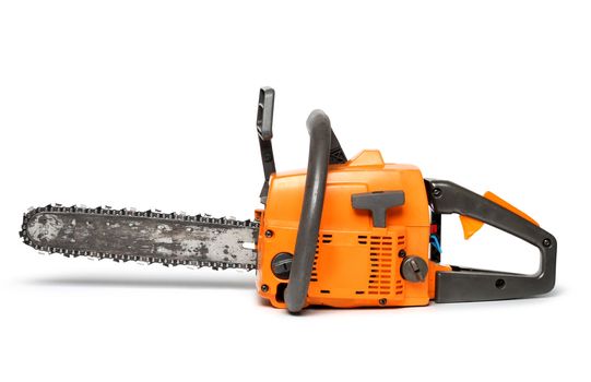 Rough orange chain saw side view isolated on white