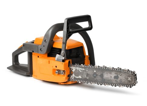 Rough orange chain saw side view isolated on white