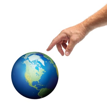 Male hand reaching to touch planet Earth, isolated on white