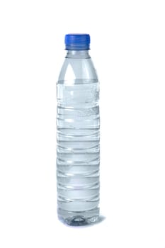 Close up view of a small plastic bottle of fresh water isolated on a white background.