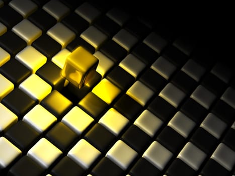Golden cube alone above many black and white cubes with a dark background