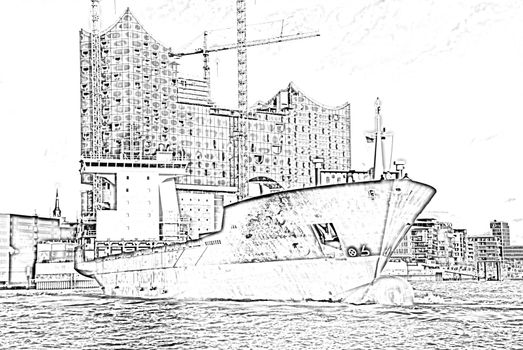 Ship and the Elbe Philharmonic Hall (Elbphilharmonie) in Hamburg