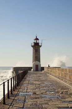 Historic lighthouse of Felgueiras in the river mouth of Douro, Porto, Portugal