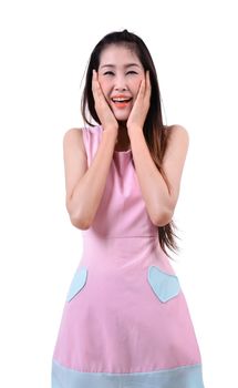 beautiful woman looking surprised against a white background