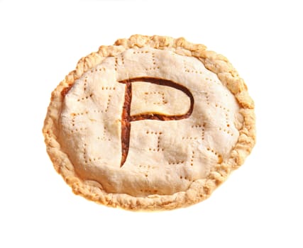 A whole homemade peach pie with a P carved in the crust isolated against a white background