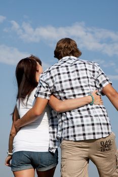 young love couple smiling outdoor in summer having fun