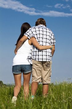 young love couple smiling outdoor in summer having fun