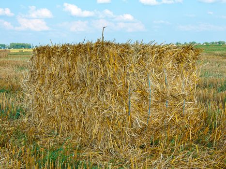 Rectangular stack of straw in the field
