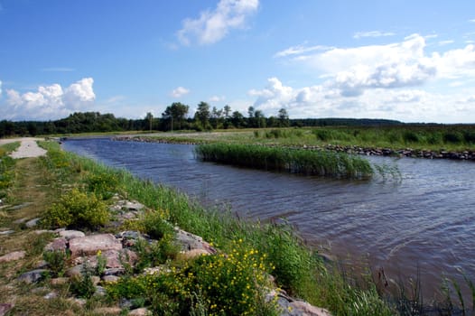 Green grass on both coast of the channel for boats