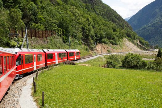 Swiss mountain train Bernina Express  crossed Alps via Bernina Pass