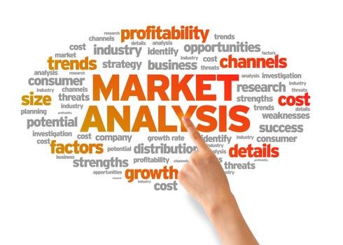 Hand pointing at a Market Analysis Word Cloud on white background.