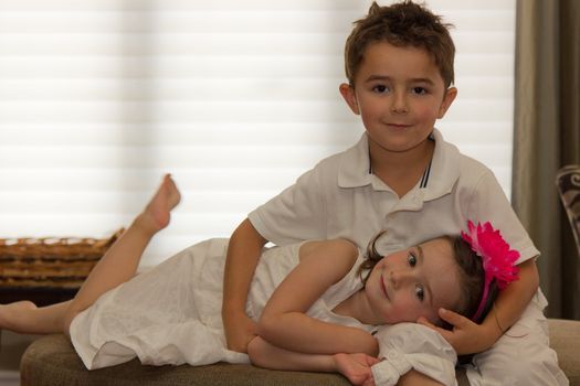 Beautiful, happy children posing.  Horizontal composition with copy space.