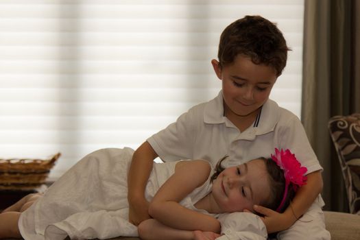 Beautiful, happy children posing.  Horizontal composition with copy space.