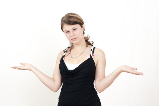 young brunette woman is innocent - isolated on white background