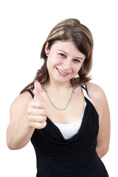 cute brunette girl with brown eyes is showing the thumbs up gesture on white background
