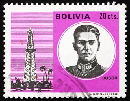 BOLIVIA - CIRCA 1971: a stamp printed in the Bolivia shows German Busch Becera, President of Bolivia 1937 - 1939, circa 1971