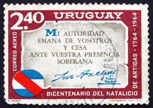 URUGUAY - CIRCA 1965: a stamp printed in the Uruguay shows Artigas Quotation, Jose Artigas, Leader of the Independence Revolt Against Spain, circa 1965