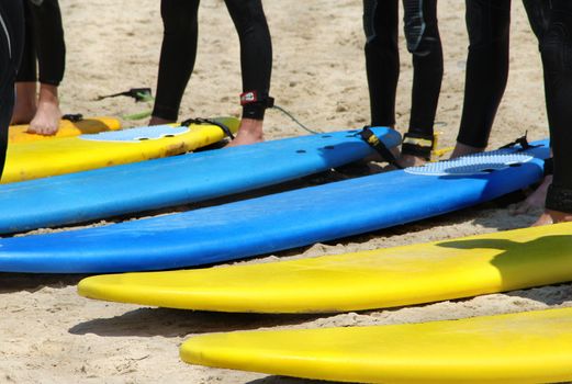 Surfing team on the beach with vivid surfing boards 