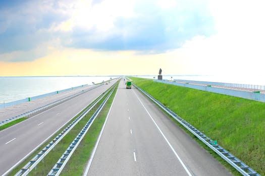 Highway on a great dam in Netherlands 