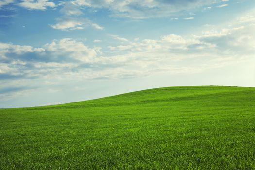 beautiful hill landscape with green meadow and blue sky
