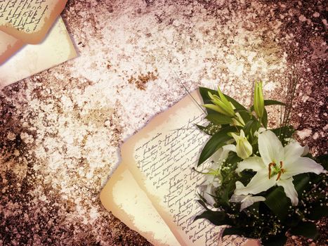 abstract vintage holiday grunge background with old letter and lily flowers