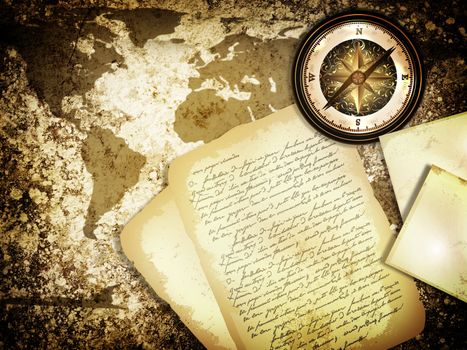 abstract vintage grunge travel background with world map, compass and old letter
