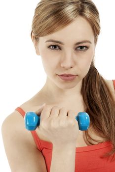 portrait of a beautiful fitness woman with a dumbbell on white background