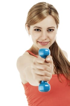 blonde fitness woman exercising with her dumbbell on white background