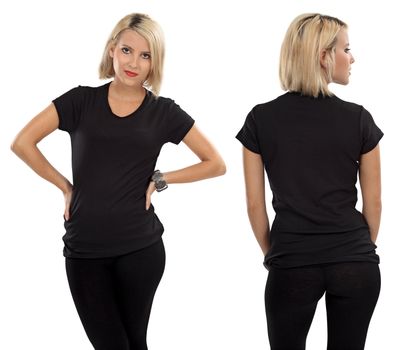 Young beautiful blond female with blank black shirt, front and back. Ready for your design or artwork.