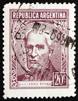 ARGENTINA - CIRCA 1956: a stamp printed in the Argentina shows Guillermo Brown, First Admiral of Argentina, circa 1956