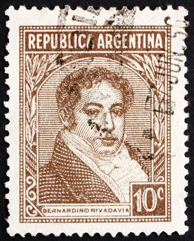 ARGENTINA - CIRCA 1942: a stamp printed in the Argentina shows Bernardino Rivadavia, The First President of Argentina, 1826 - 1827, circa 1942