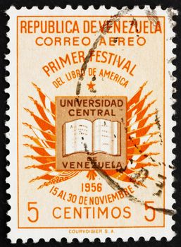 VENEZUELA - CIRCA 1956: a stamp printed in the Venezuela shows Book and Flags of American Nations, Book Festival of the Americas, circa 1956