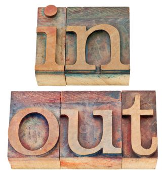 in and out - isolated words in vintage letterpress wood type