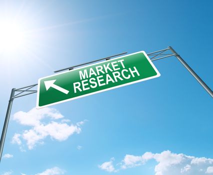 Illustration depicting an overhead highway gantry sign with a market research concept. Blue sky background.